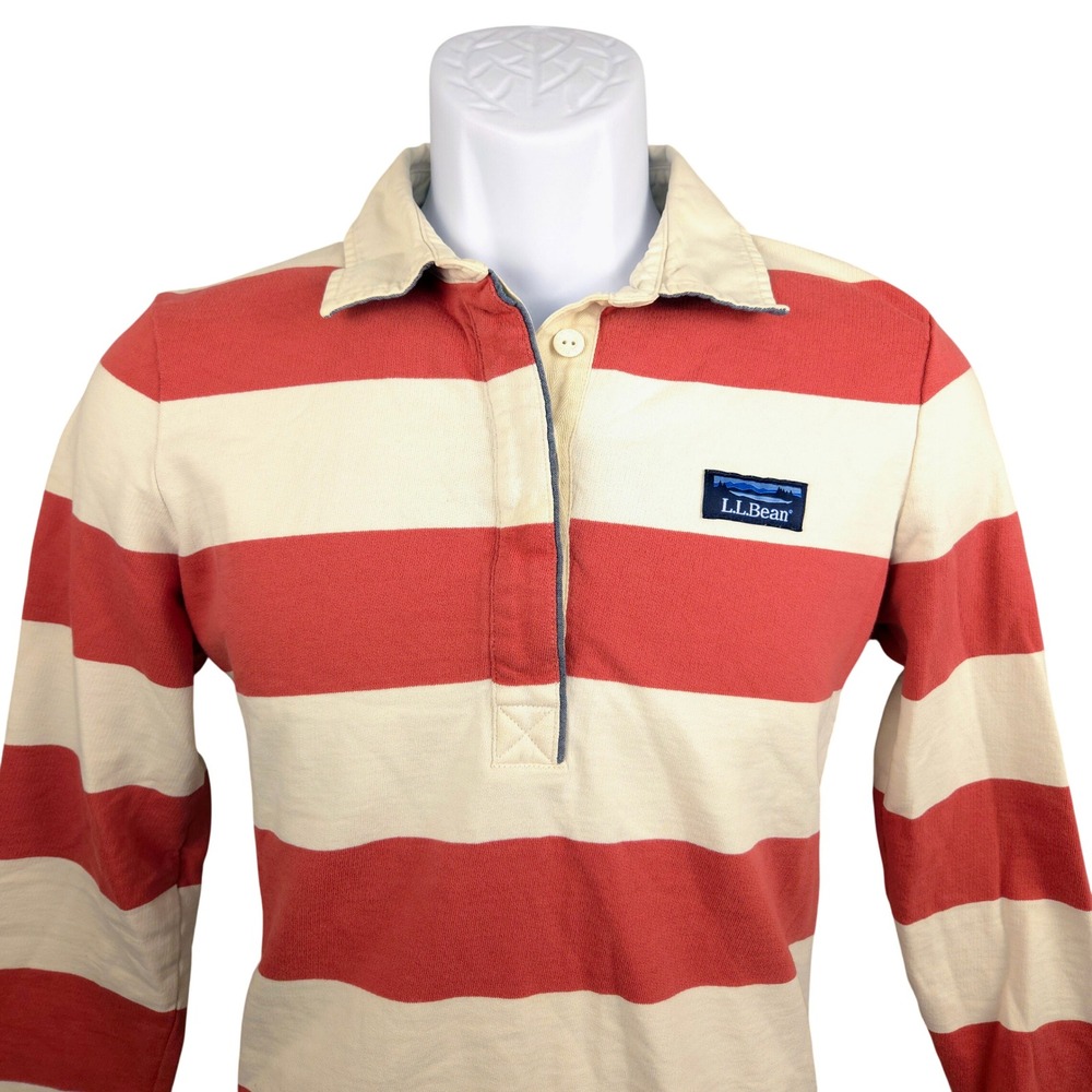 LL Bean Mens Rugby‎ Shirt Long Sleeve Red Cream Stripe Classic Fit Size S